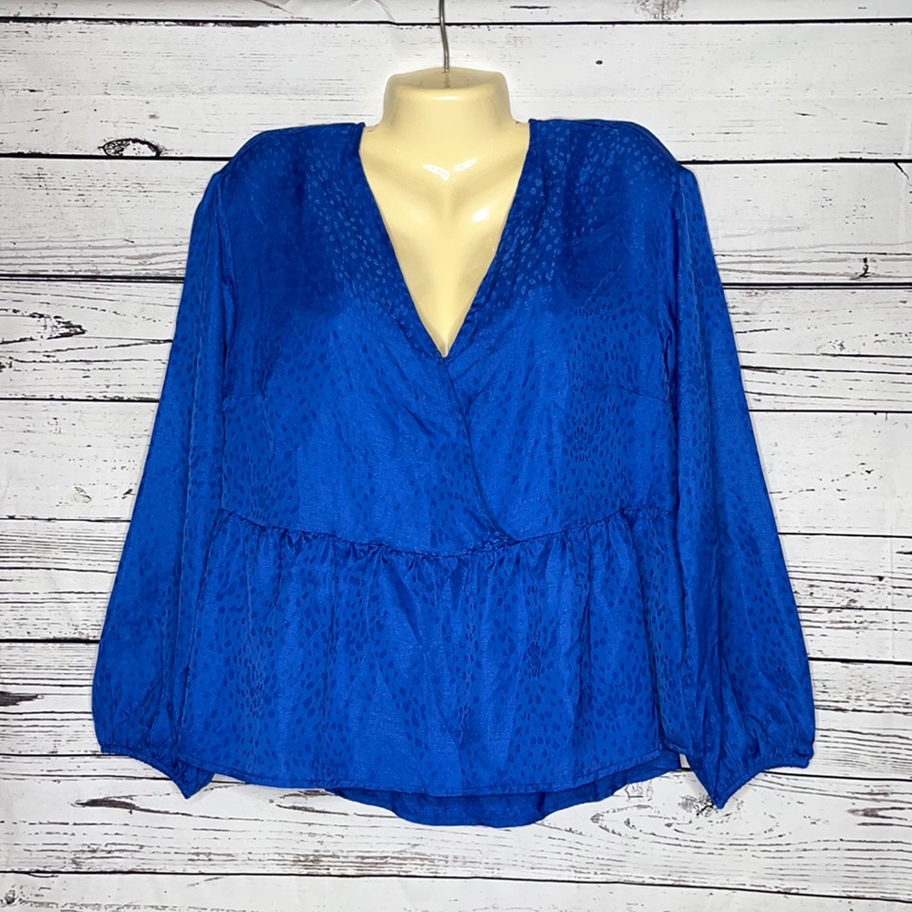 PopSugar NWT Size L Blue Printed Surplice V-Neckline Babydoll Peplum Blouse Top